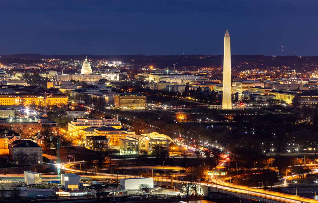 Aerial view of Washington D.C. at night.