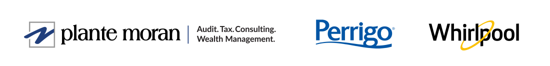 Plante Moran, Perrigo, and Whirlpool logo lockup.