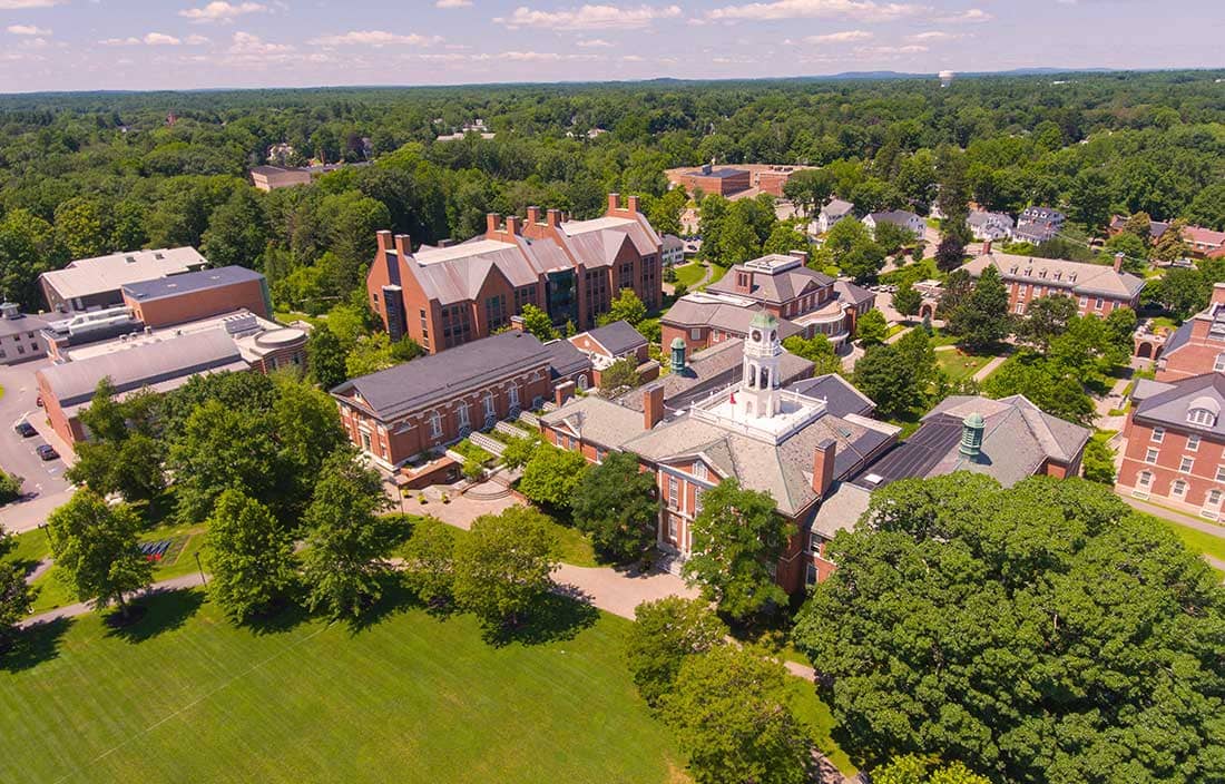 Academy Building of Phillips Exeter Academy aerial view in historic town center of Exeter, New Hampshire, NH, USA. This building is the main building of the campus. Photo licensed through Shutterstock.