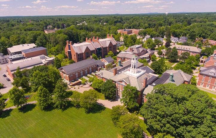 Academy Building of Phillips Exeter Academy aerial view in historic town center of Exeter, New Hampshire, NH, USA. This building is the main building of the campus. Photo licensed through Shutterstock.