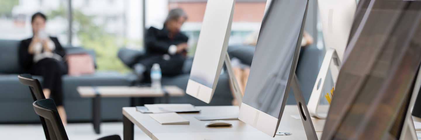 Computers in a modern office space.