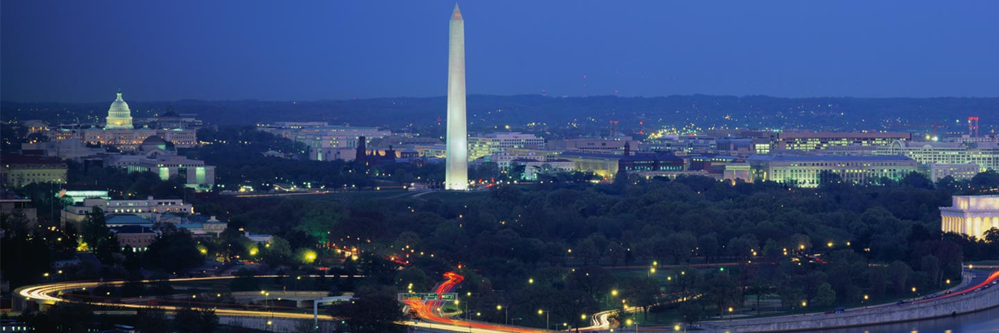 Aerial view of Washington D.C. at night.