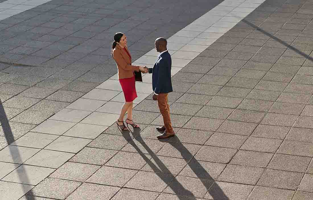 Two business people shaking hands.