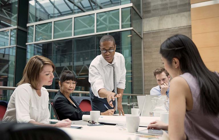 Group of business professionals in a meeting discussing risk.