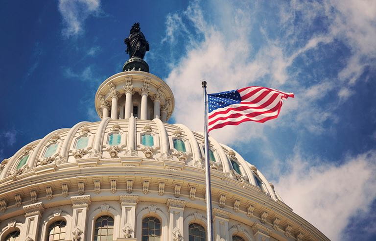 american flag in front of government building 