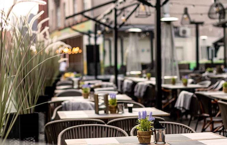 View of an outdoor eating area for a restaurant.