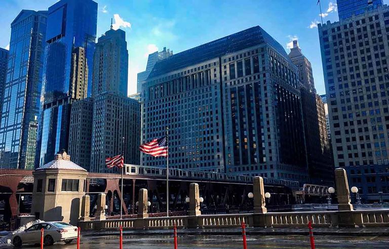 View of buildings in a downtown area.