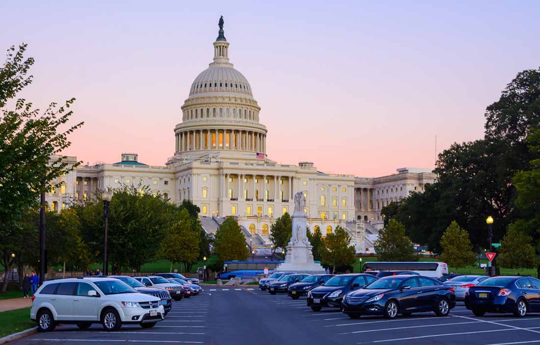 Government building at sunset.