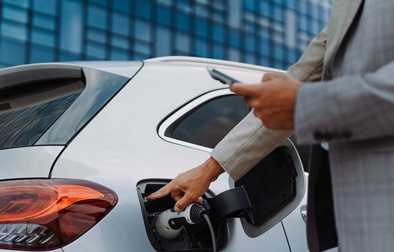 Business professional pointing to a car