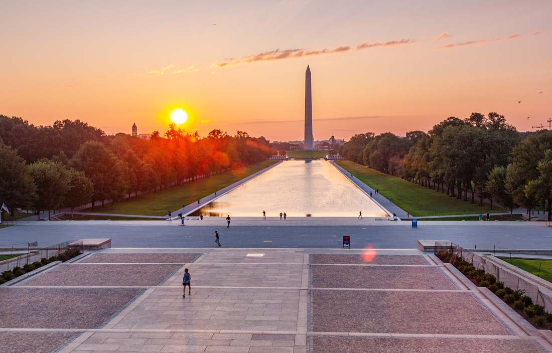 View of Washington Monument at sunrise.