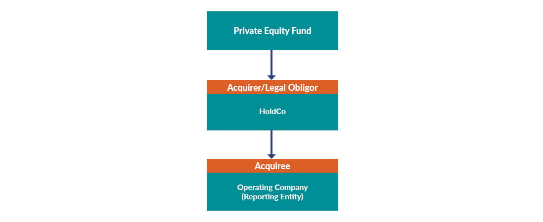 Chart showcasing the private equity fund, acquirer/legal obligor, and acquiree.