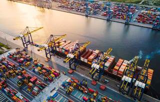 Aerial view of shipping port.