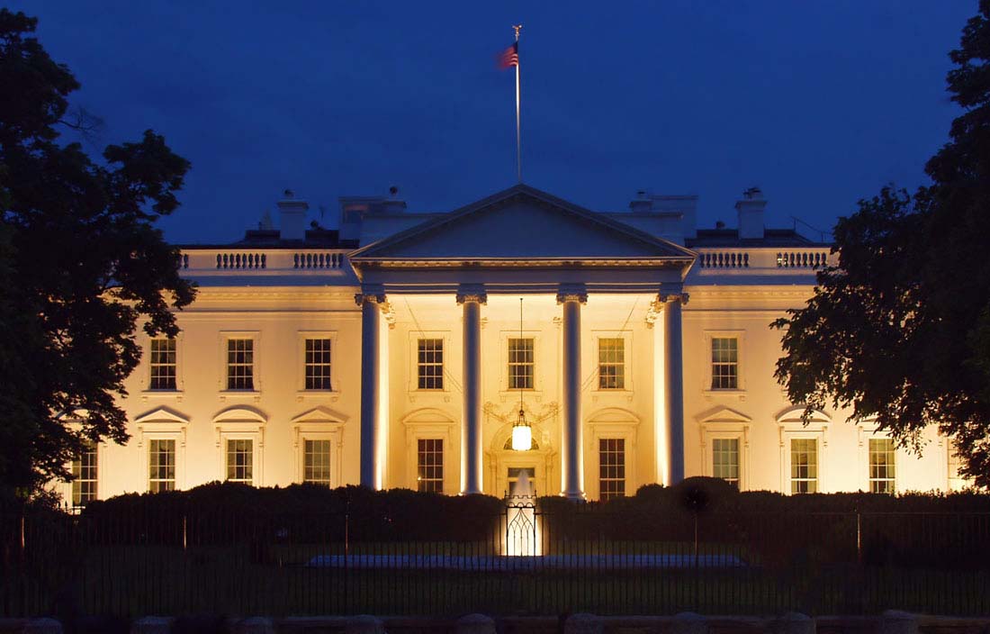 View of U.S. government building at night.