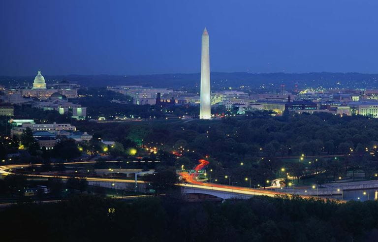 Aerial view of Washington D.C. at night.