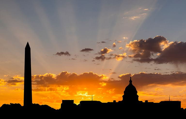 Washington D.C. skyline at sunrise.