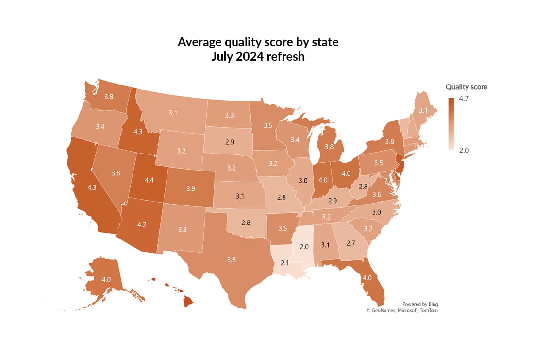 Map showing the average quality score by state with the July 2024 refresh.