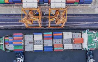 Aerial view of a shipping yard.