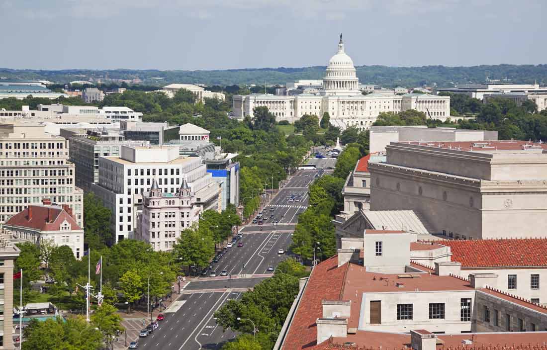 Aerial view of Washington D.C. during the day.