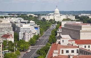 Aerial view of Washington D.C. during the day.