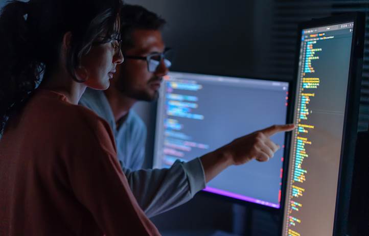 Technology professionals looking at their code on a computer.