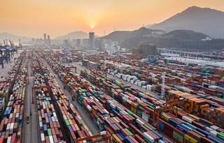 Aerial shot of shipping yard.