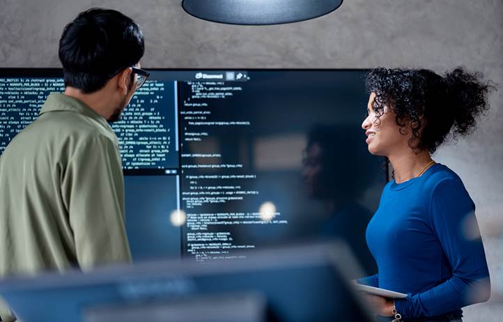 Technology professionals looking at lines of code.