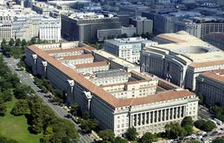 Aerial view of government building.