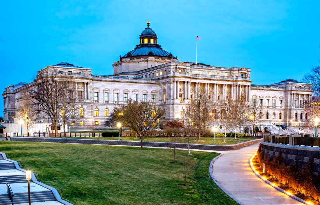 View of government building at dusk.