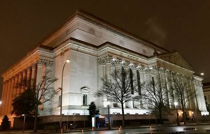 Government building at night.