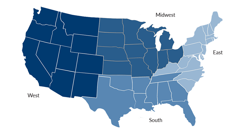 Map of the United States with the southern, eastern, western, and midwestern states called out in different colors to illustrate geographic diversification in a real estate portfolio.
