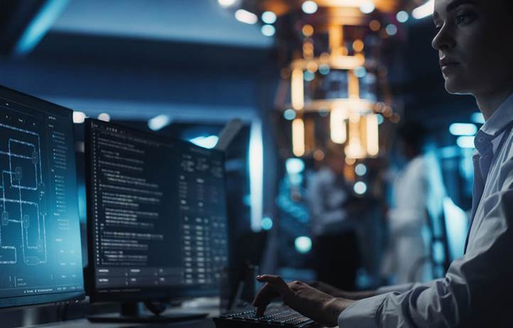 Close up view of a cybersecurity professional using two computer monitors