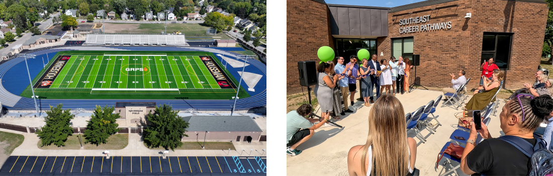 Grand Rapids Public School, Michigan, summer 2025 project photos. Left: aerial of Houseman Field and right ribbon-cutting at ceremony for SE Career Pathways.
