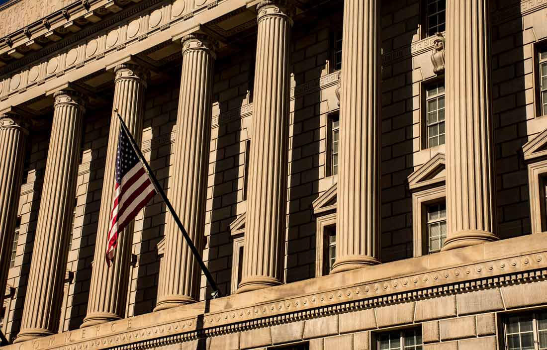 Close-up view of government building facade.