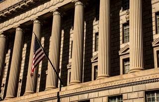 Close-up view of government building facade.