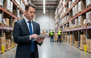 Business professional reviewing a checklist in a warehouse.