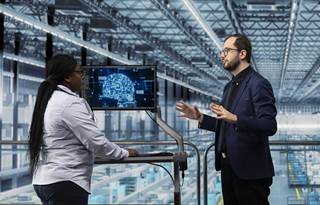 Manufacturing professionals discussing AI in a factory.