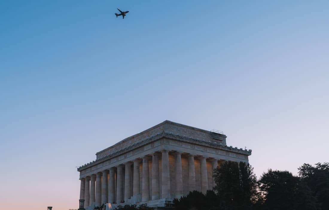 U.S. government building and sky at dusk.