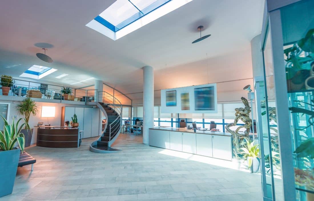 Interior of a modern office lobby and reception area.