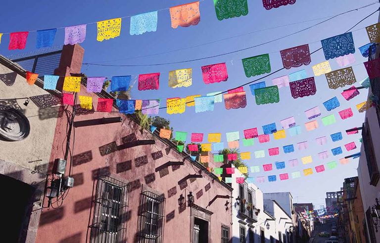 Flags hanging on buildings