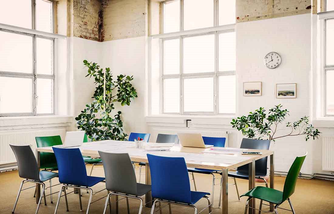 View of an modern looking empty conference room.