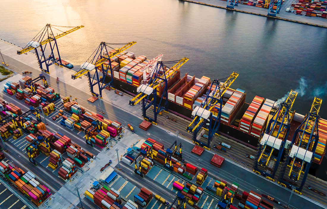 Aerial view of shipping port.