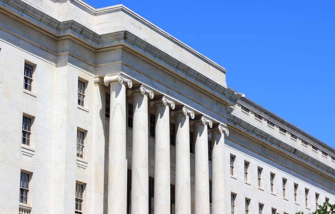 Facade of government building.
