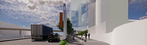 Rendering of DRCFA Huntington Place building facade.