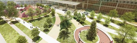 Henry Ford Health Future of Health Detroit Rendering of the Green Spaces Outside the New Hospital Expansion Entrance