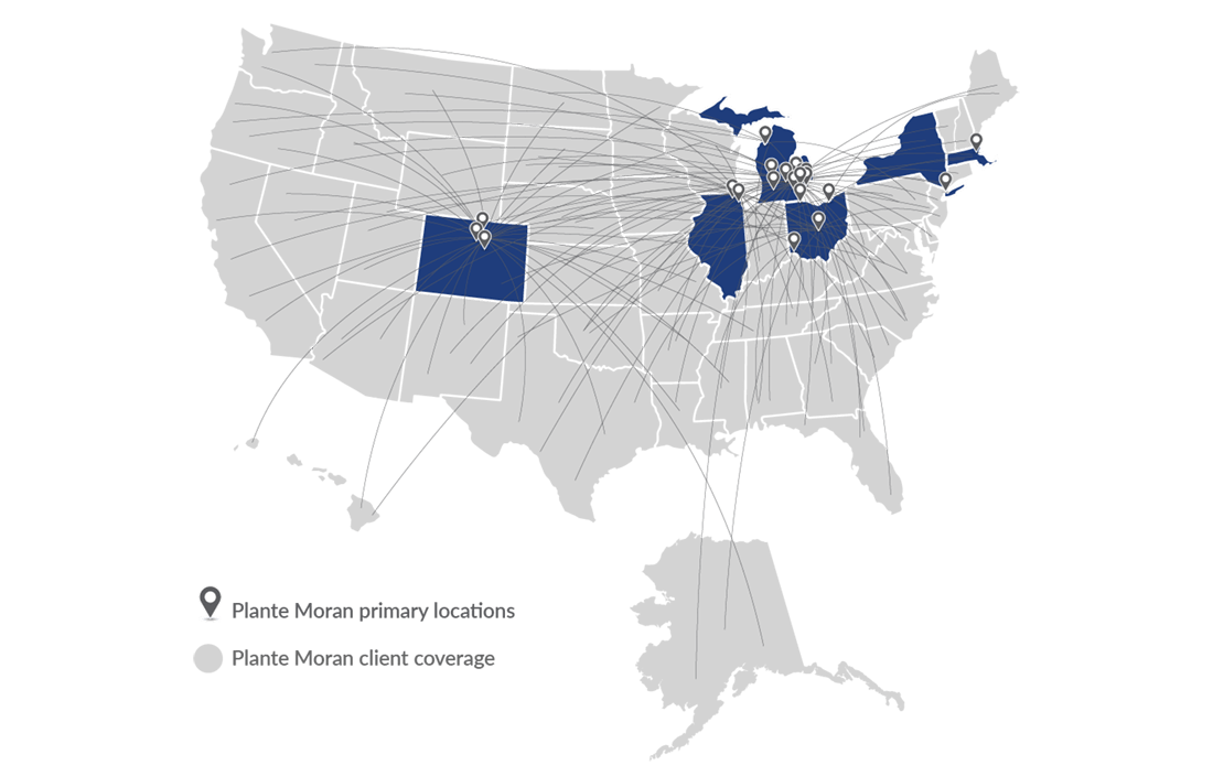Graphic of Plante Moran locations on a United States map along with flight paths to every state showing our national reach. 