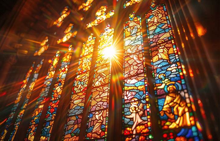 Interior of a Catholic church's stained-glass windows with the sun shining in.