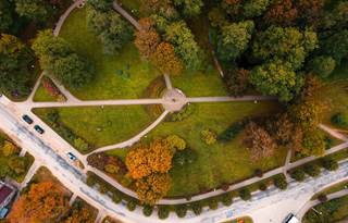 Aerial fall foliage view of rural property