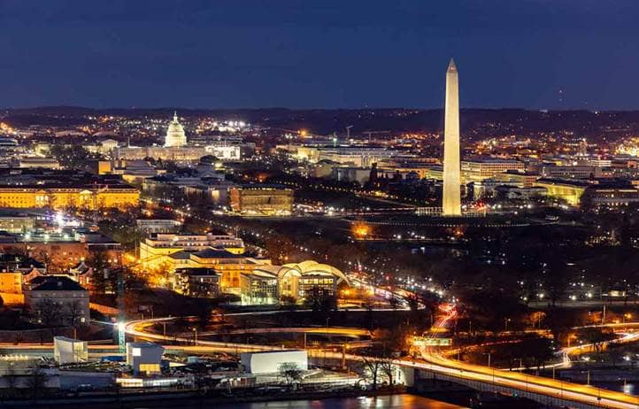 Landscape image of Washington D.C. at nighttime.