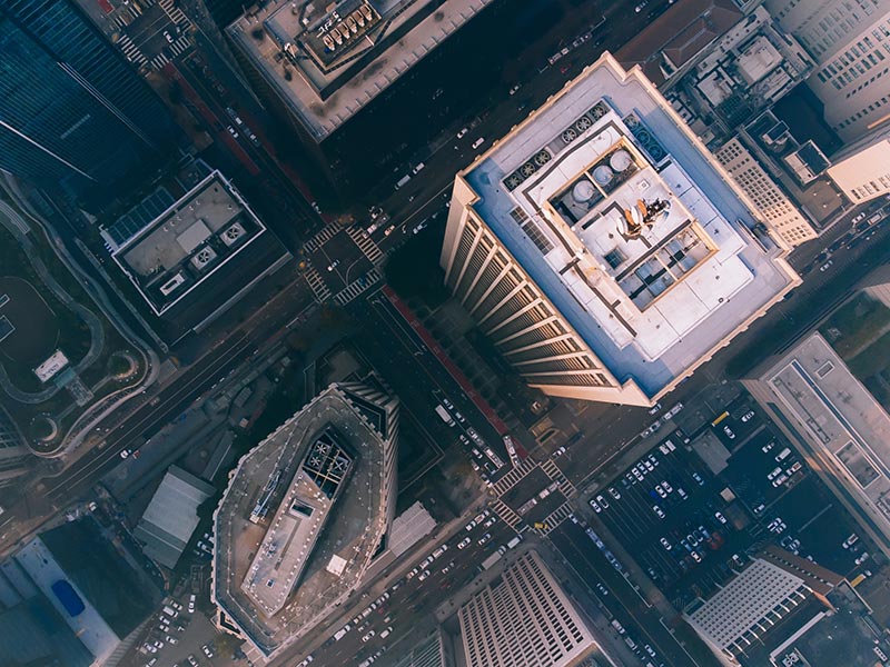Aerial view of city skyscrapers looking downward